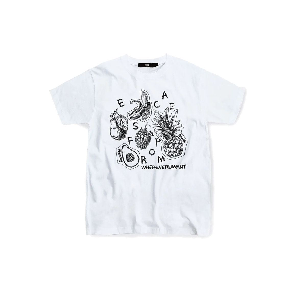 E231OTS149WH Escapefrom Black Doodle Fruits T-shirt White