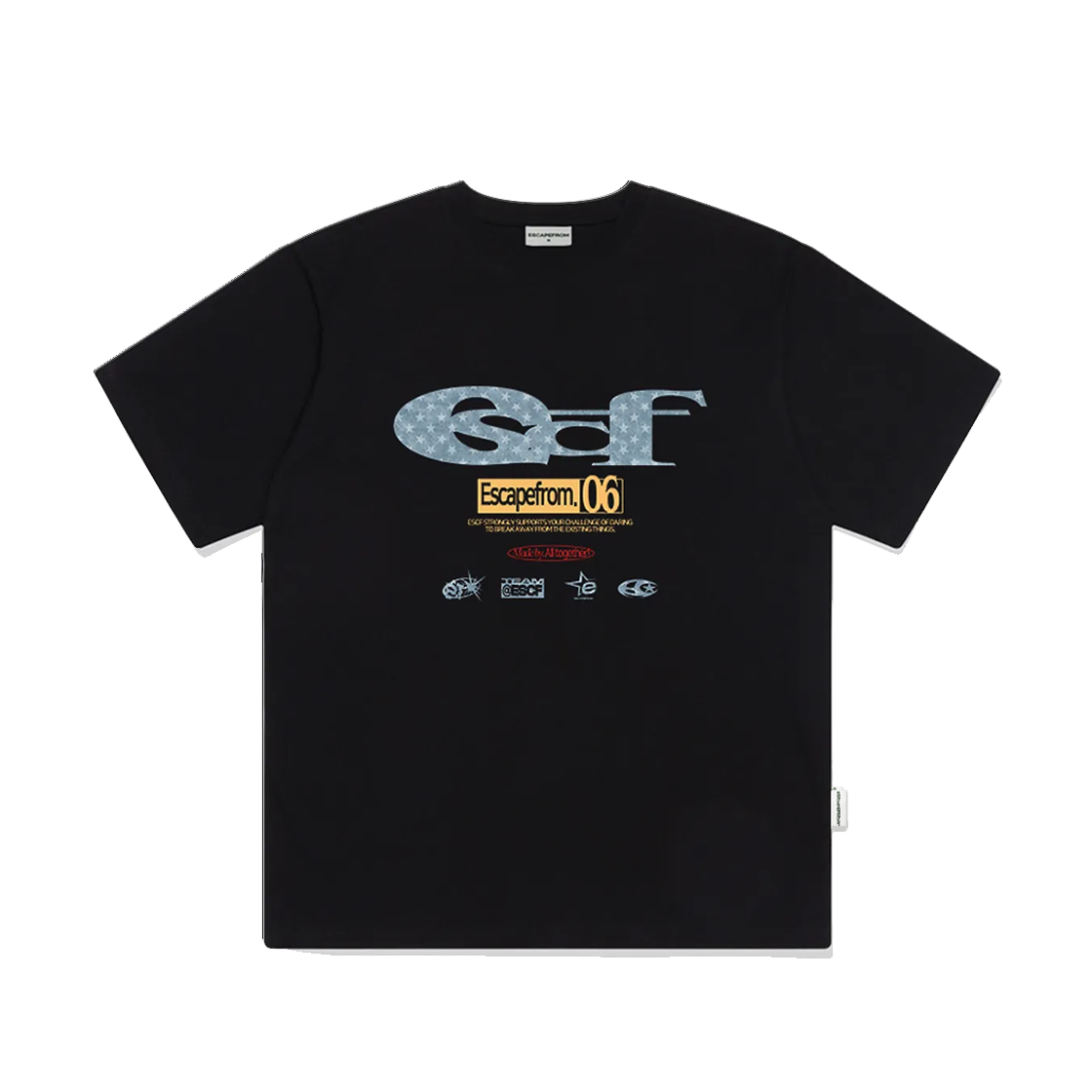 E251OTS168BK Escapefrom Blue Star Denim ESCF Logo Collage Printed Over Fit Short Sleeve Black