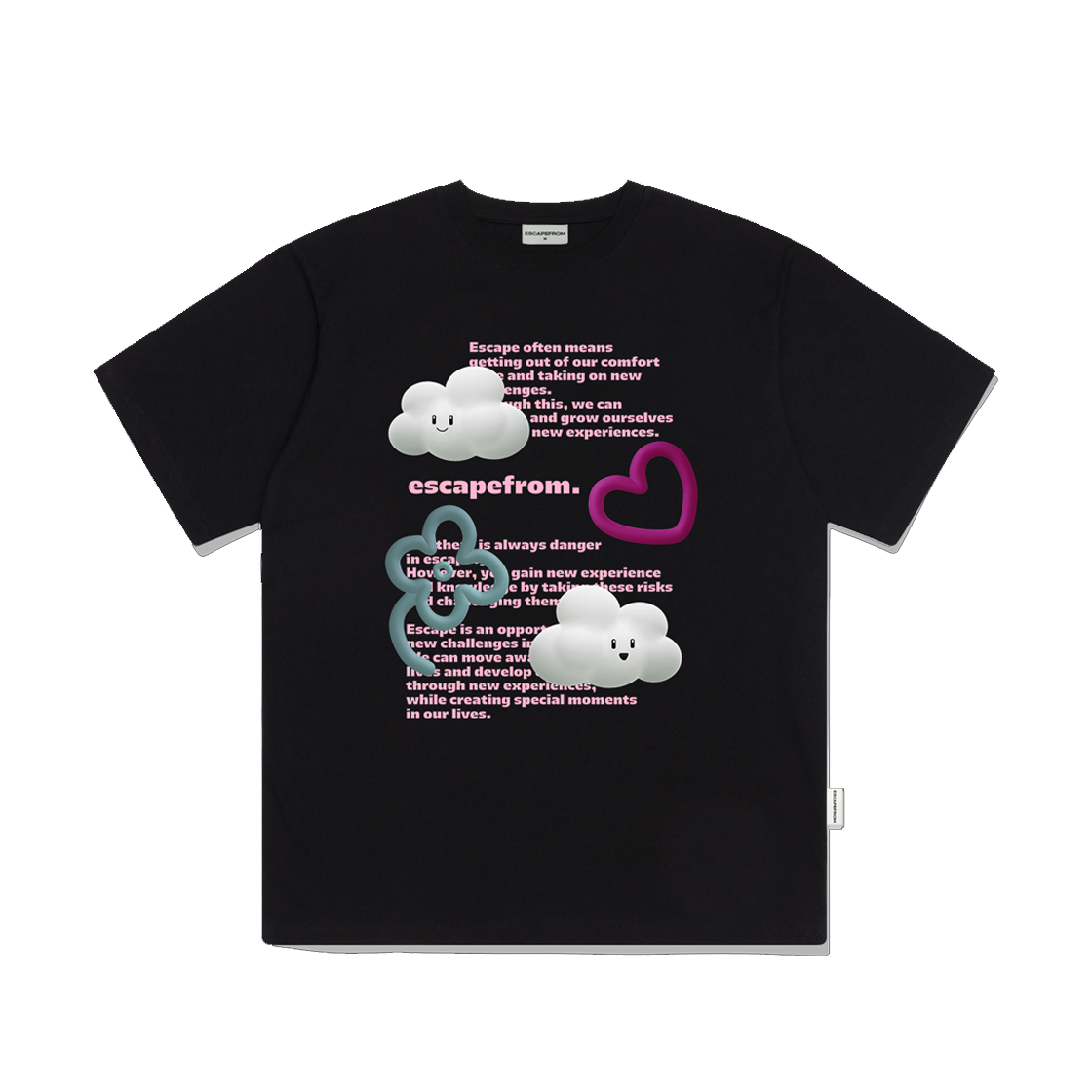 E241OTS080BK Escapefrom Pink 3D Cloud Print Overfit Short Sleeve T-shirt Black