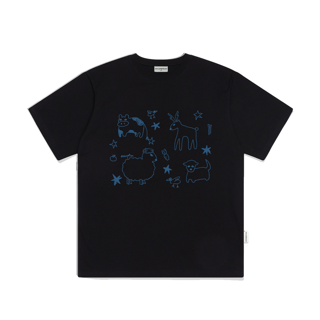E251OTS046BK Escapefrom Animals Printed Over Fit Short Sleeve Black