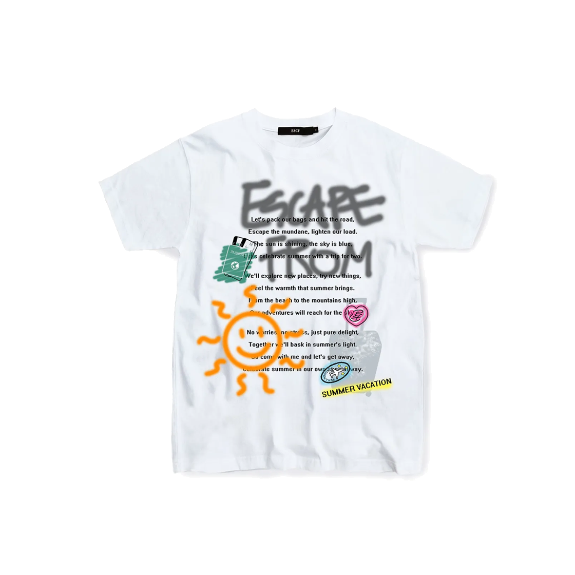 E231OTS330WH Escapefrom Summer Vacation Print T-shirt White