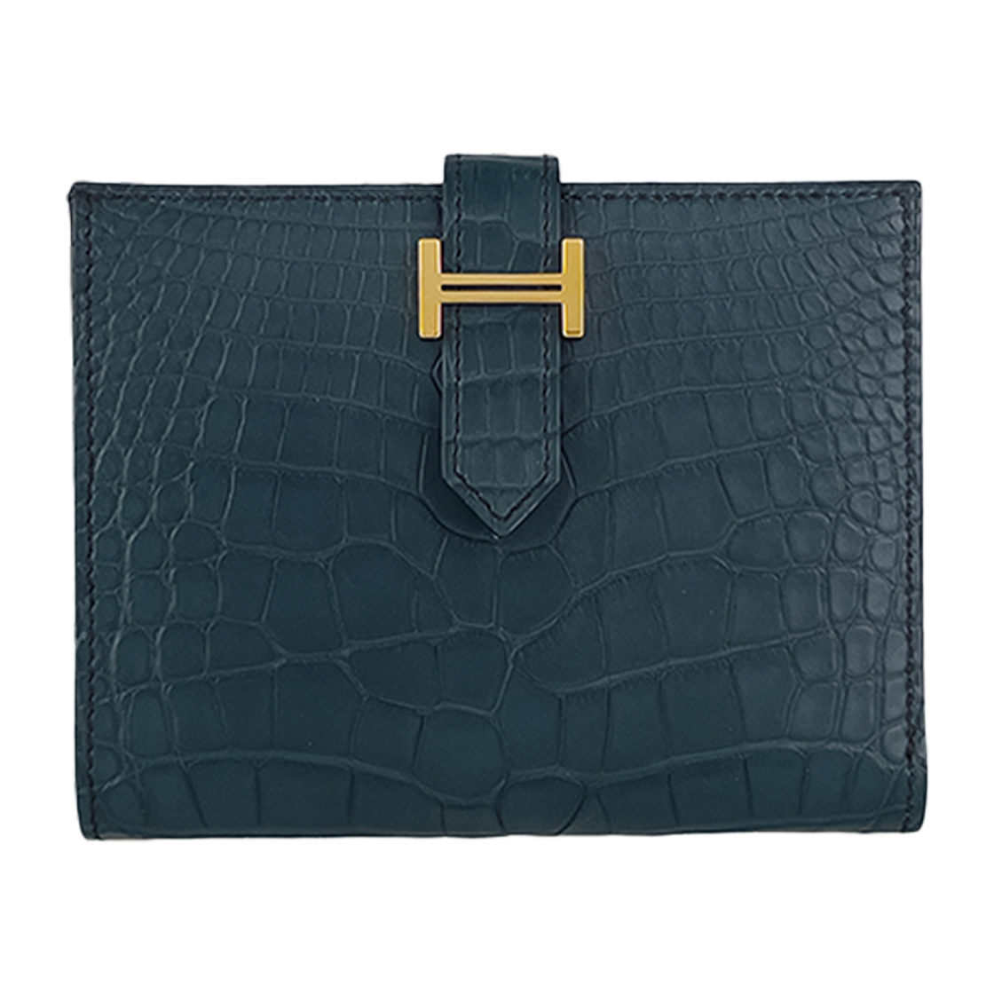 IT6RJV2UGQHV Hermes Alligator Bearn Compact Wallet Vert Rousseau Gold - 대표 이미지 #1
