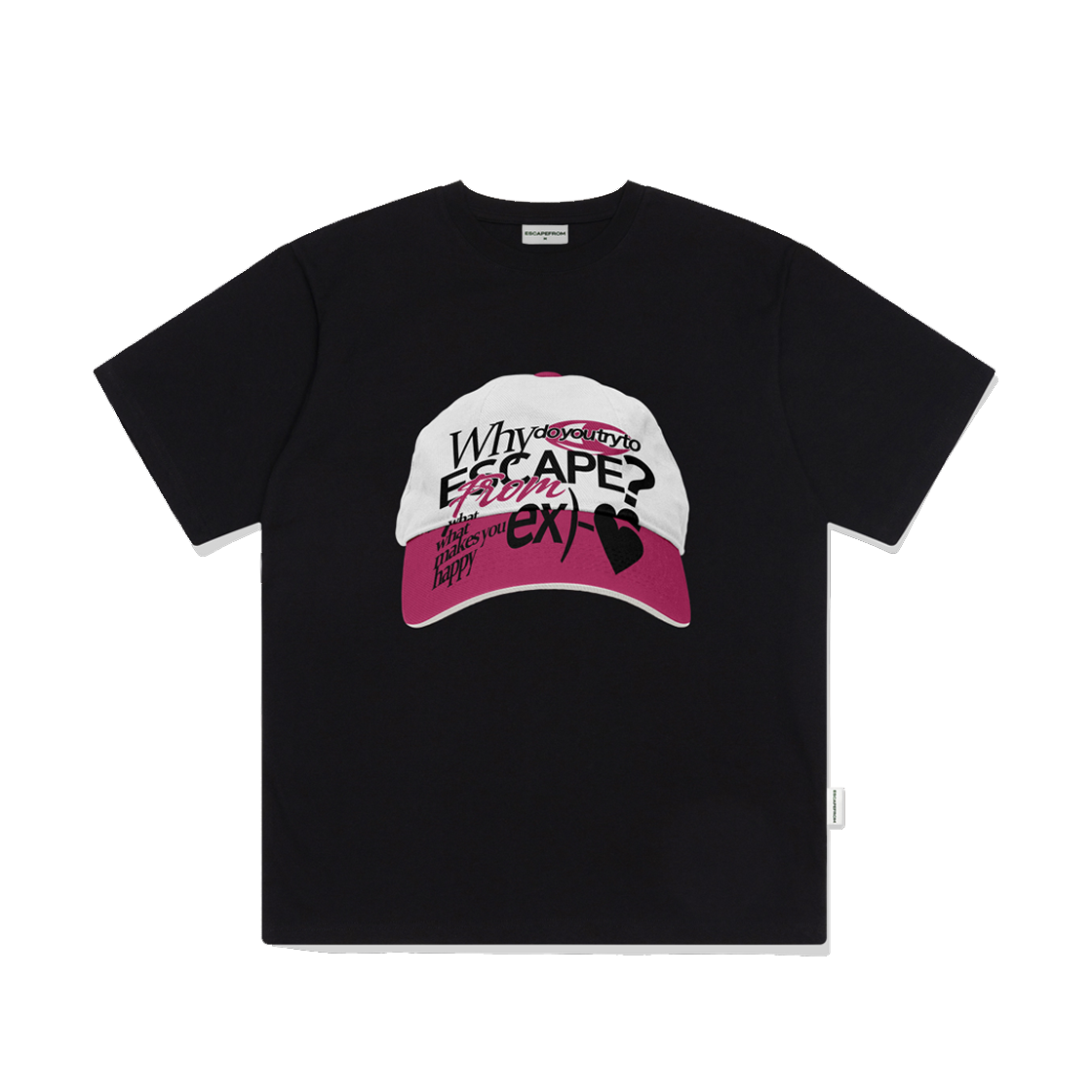 E241OTS207BK Escapefrom Ball Cap EX Pink Heart Print Overfit Short Sleeve T-shirt Black