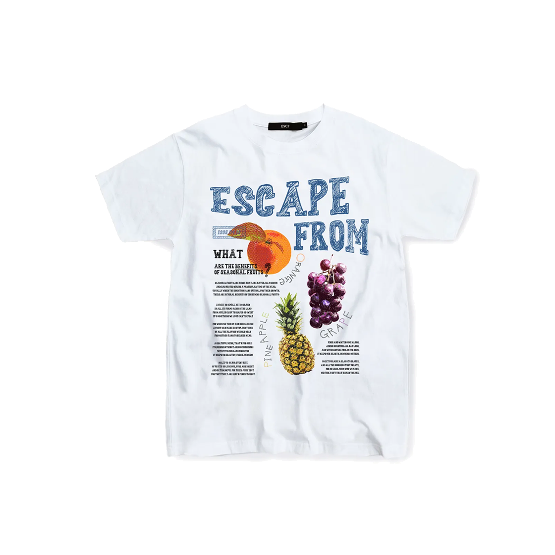 E231OTS332WH Escapefrom Fruits Newspaper Print T-shirt White