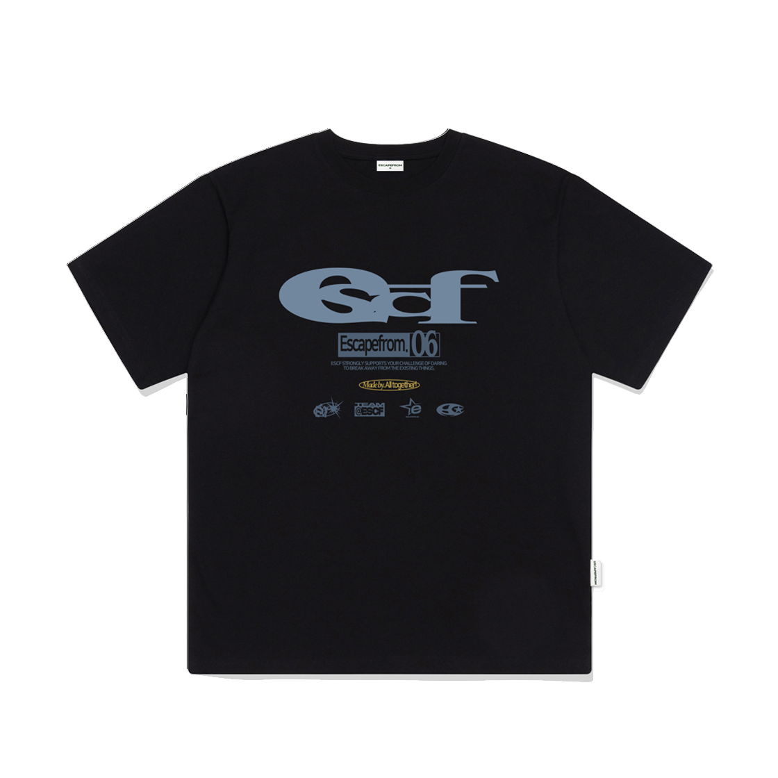 E251OTS105BK Escapefrom Ash ESCF Logo Collage Printed Over Fit Short Sleeve Black