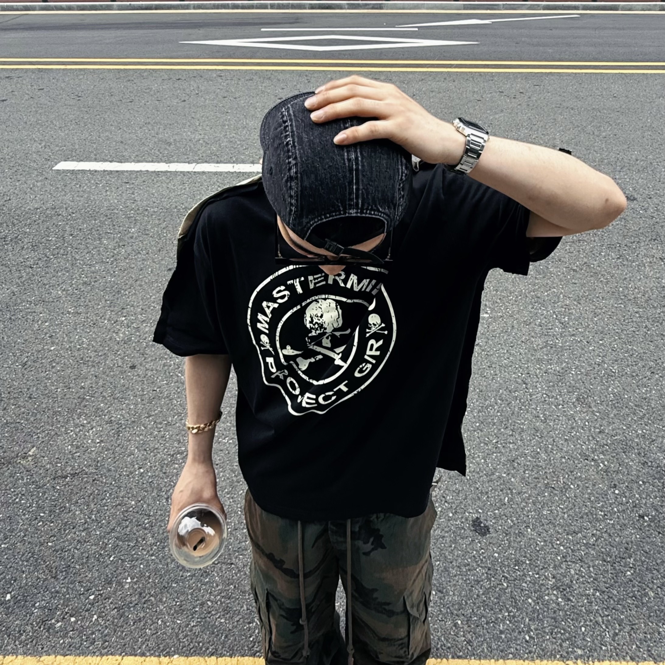 Project G/R x Mastermind Two Faced Outseam T-Shirt Black Camo, Project G/R 3 Layered Cargo Pants Camo 착용 스타일 - 3
