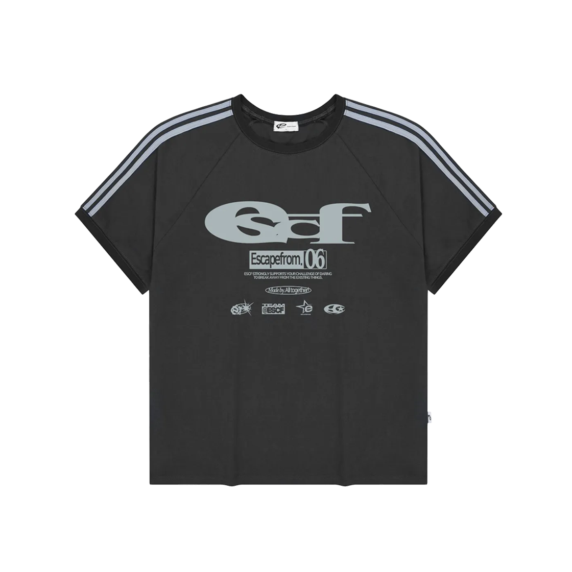 E251TTS006CG Escapefrom ESCF Logo Collage Printed Sky blue Track Short Sleeve Charcoal
