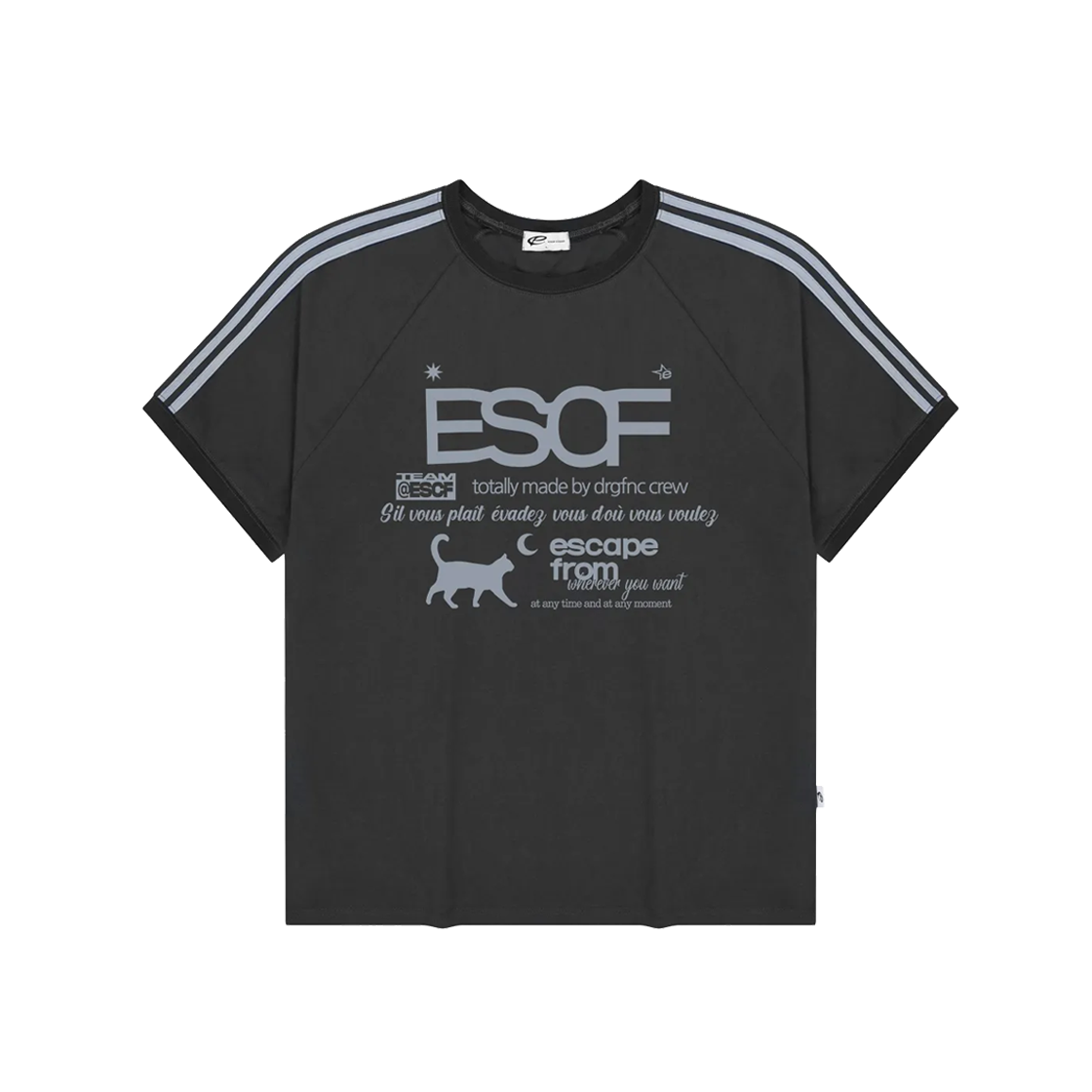 E251TTS020CG Escapefrom Kitty Crew Collection Pritned Sky blue Track Short Sleeve Charcoal