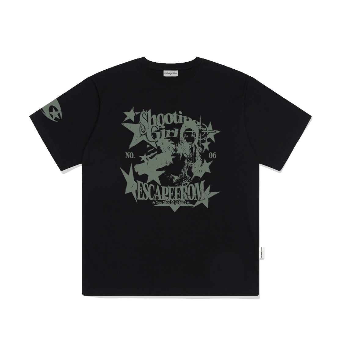 E241OTS240BK Escapefrom Shooting Girl Print Overfit Short Sleeve T-shirt Black