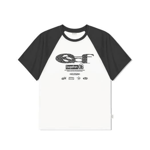 E251RTS007IC Escapefrom Star Denim ESCF Logo Collage Printed Raglan Color Combi Short Sleeve Charcoal