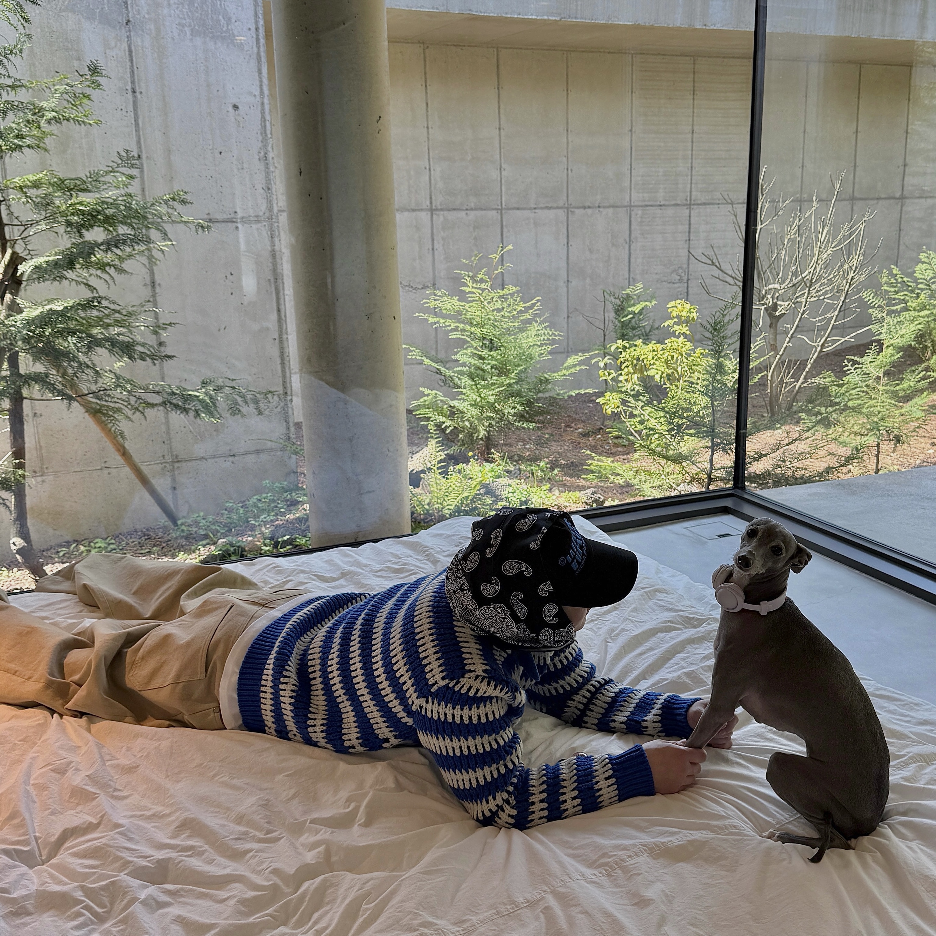 STU Stripe Collar Zip UP Sweater Blue, STU Wide Cotton Pants Beige 착용 스타일 - 4