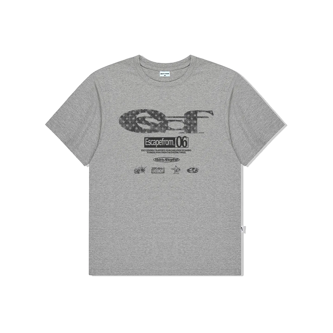 E251OTS178GR Escapefrom Star Denim ESCF Logo Collage Printed Over Fit Short Sleeve Grey