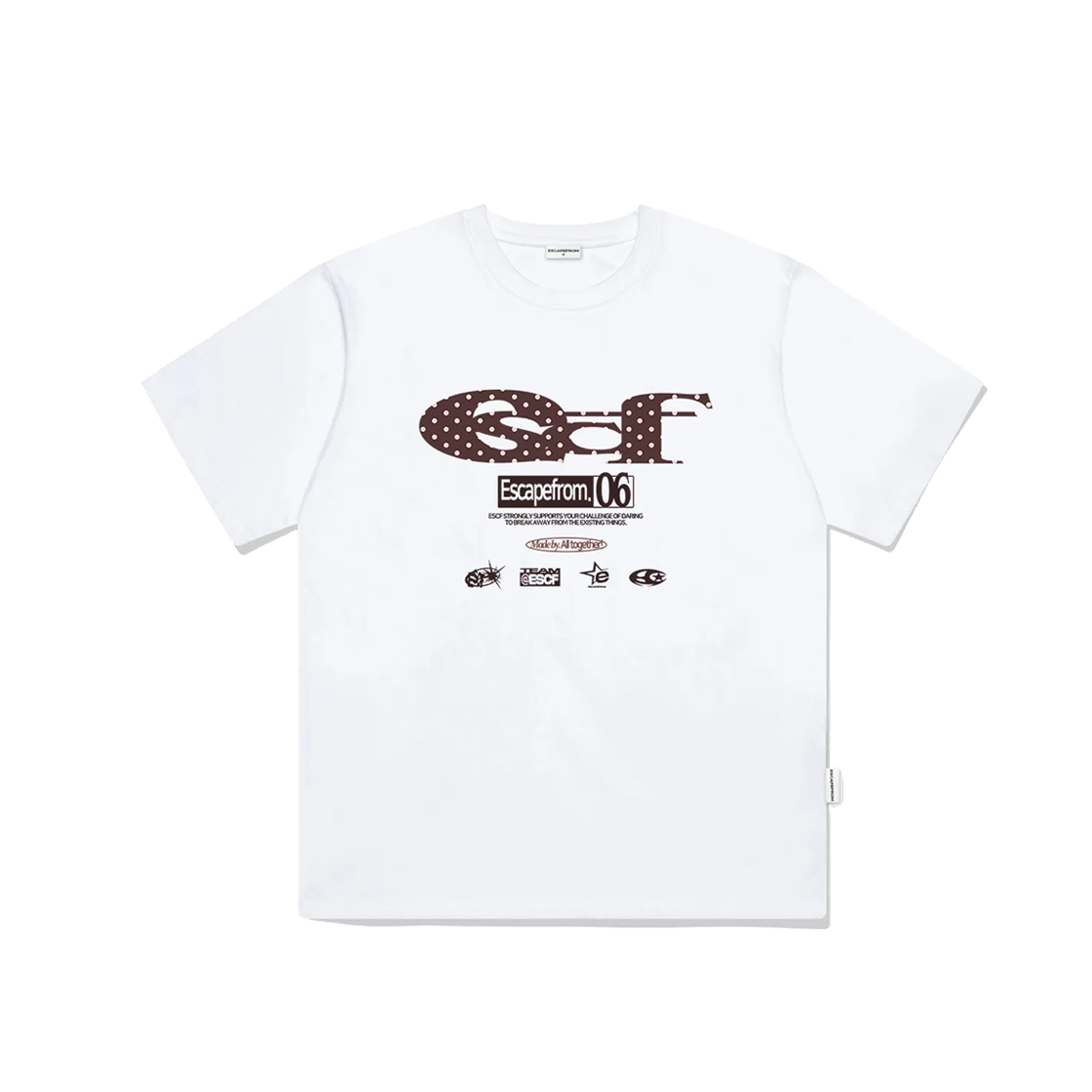 E251OTS163WH Escapefrom Choco Dot ESCF Logo Collage Printed Over Fit Short Sleeve White