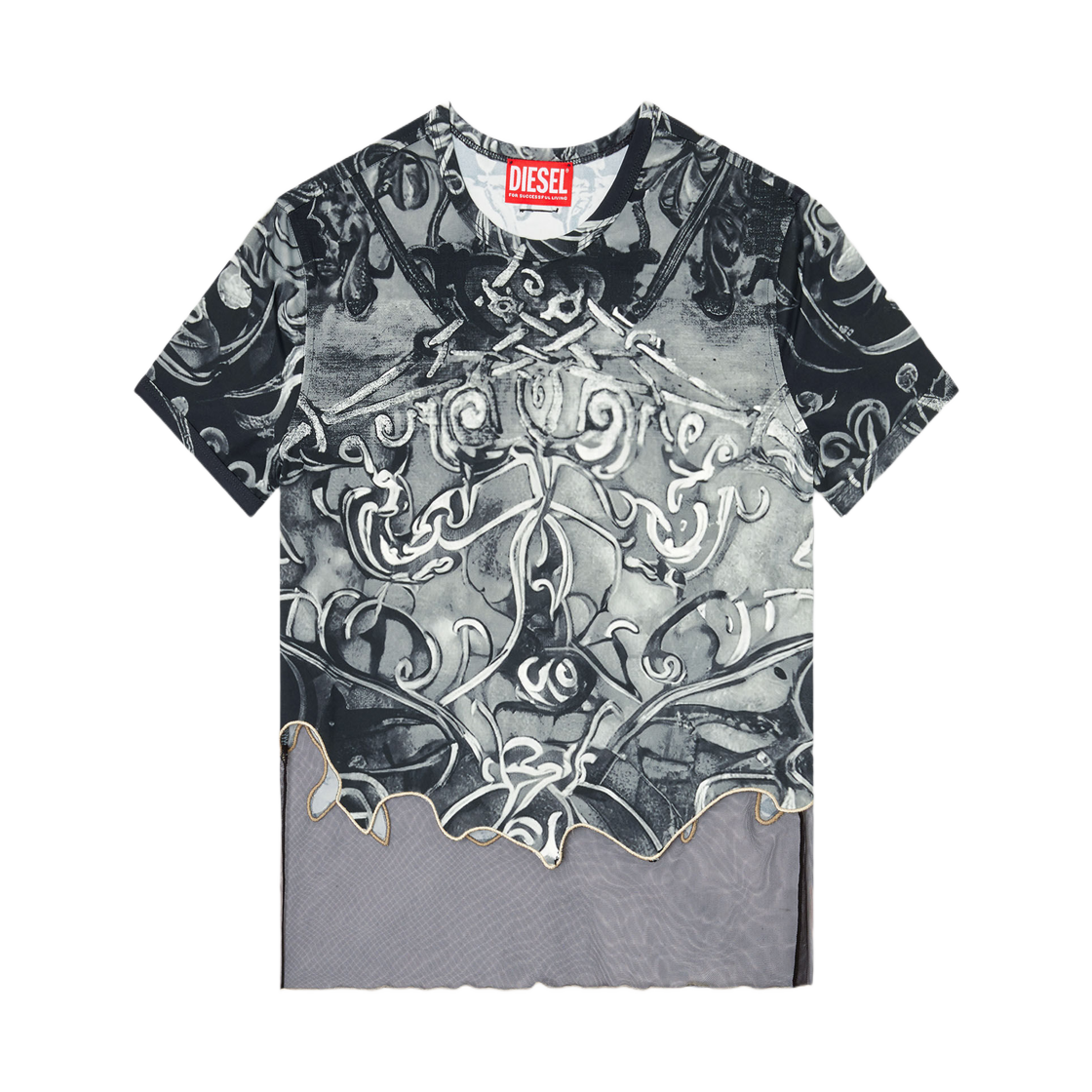 (W) 디젤 T-인레이 나일론 티셔츠 헤럴딕 프린트 블랙 그레이((W) Diesel T-Inlay Nylon T-Shirt with Heraldic Print Black Grey) - 1