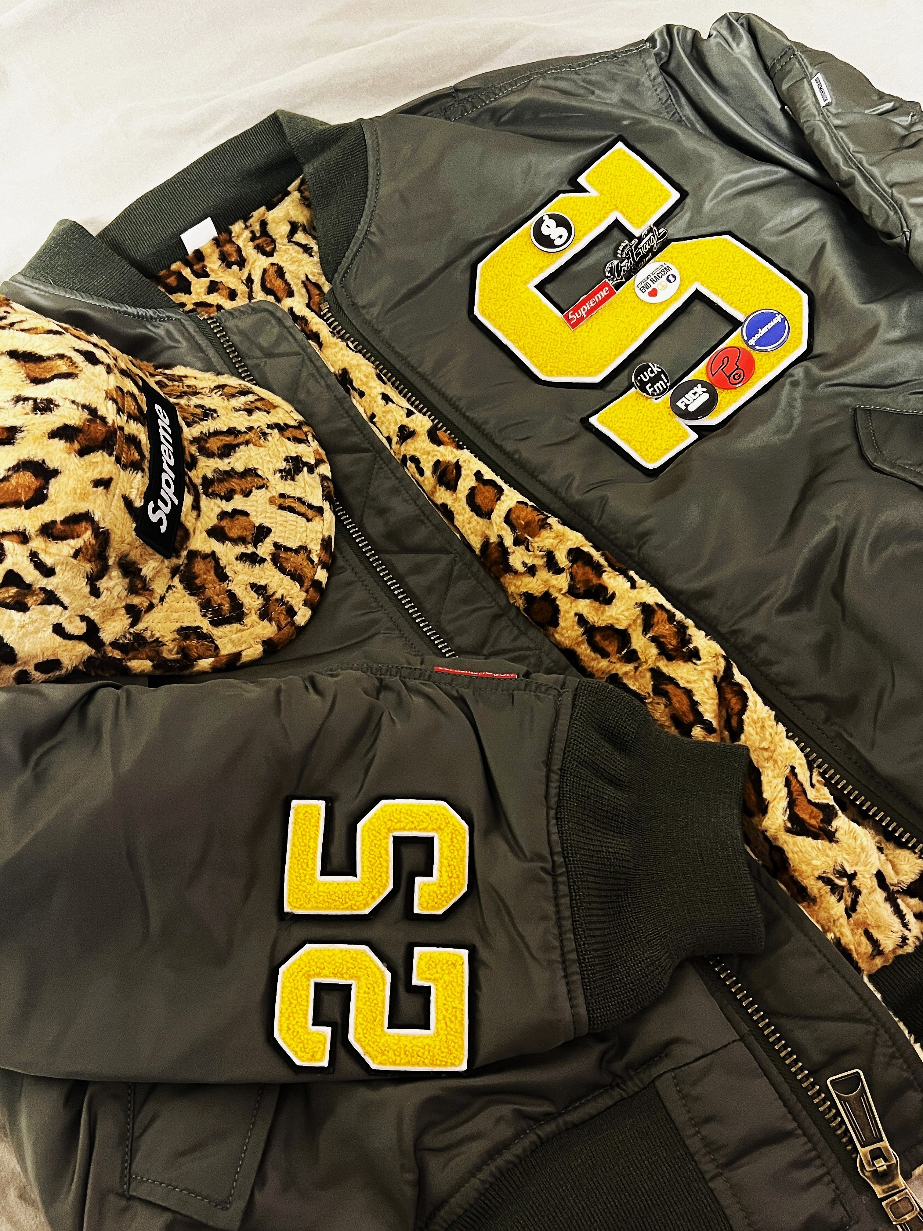 Supreme x GOODENOUGH Crushed Rayon Pile Camp Cap Leopard - 25SS, Supreme x GOODENOUGH Reversible MA-1 Olive - 25SS 착용 스타일