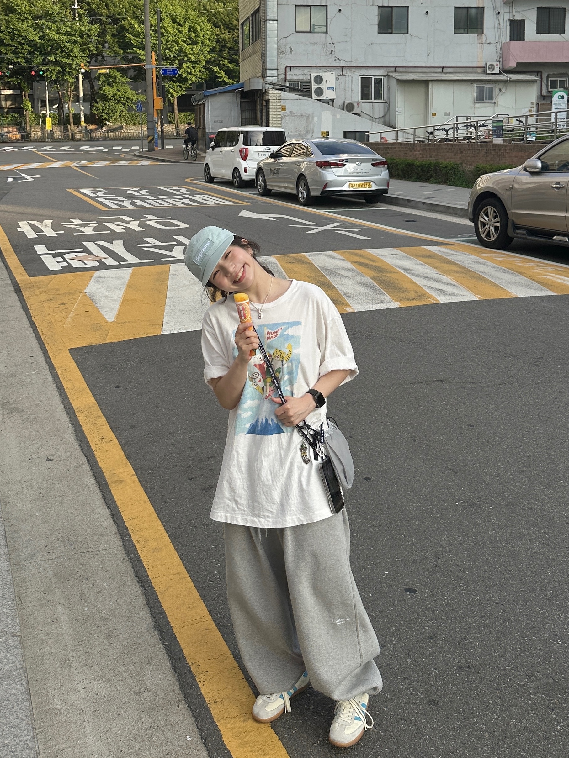 Human Made Keiko Sootome T-Shirt #20 White, Adidas x Sporty & Rich Samba Cream Blue 착용 스타일