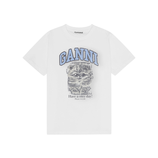 T4272-151 (W) Ganni Relaxed Jersey Kitty T-Shirt Bright White