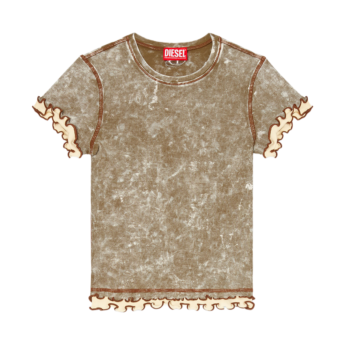 (W) 디젤 T-플루 마블드 티셔츠 러플 블루 밀리터리 그린((W) Diesel T-Flu Marbled T-Shirt with Ruffled Trims Military Green) - 1