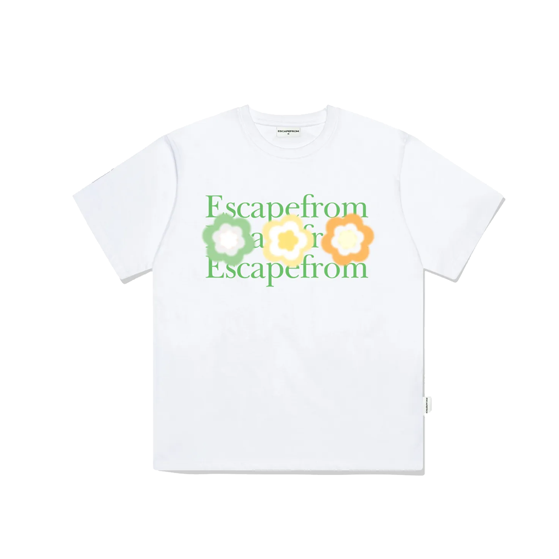 E241OTS018WH Escapefrom Green Logo Three Flower Print Overfit Short Sleeve T-shirt White