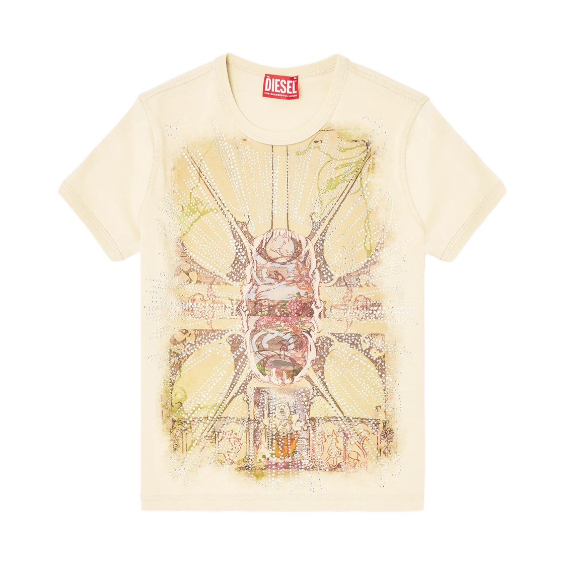 (W) 디젤 T-언큐티-롱-R14 티셔츠 라인스톤 그래픽 라이트 브라운