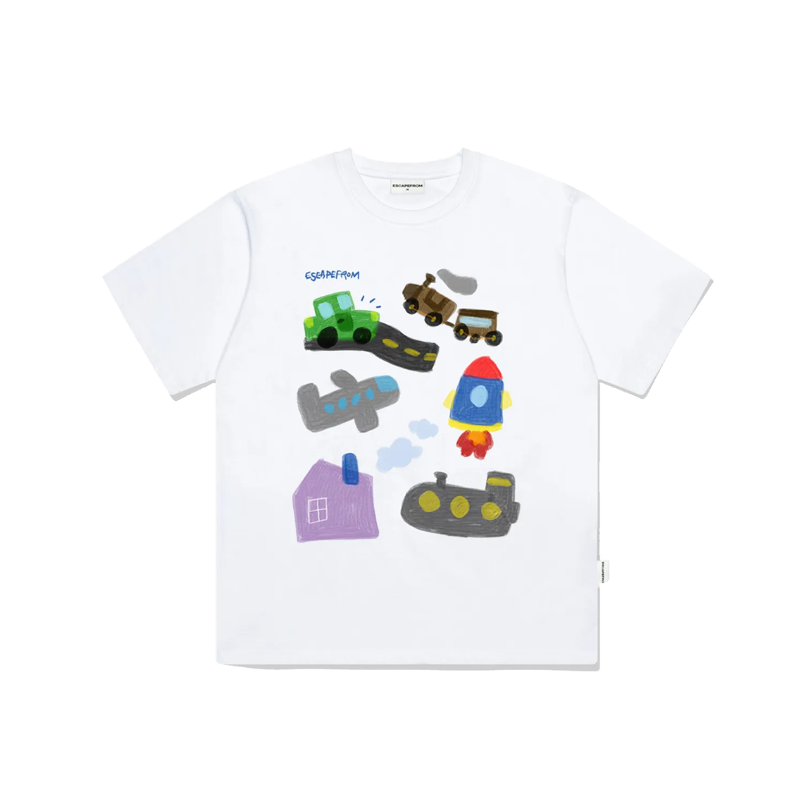 E251OTS022WH Escapefrom Drawing To Go Printed Over Fit Short Sleeve White
