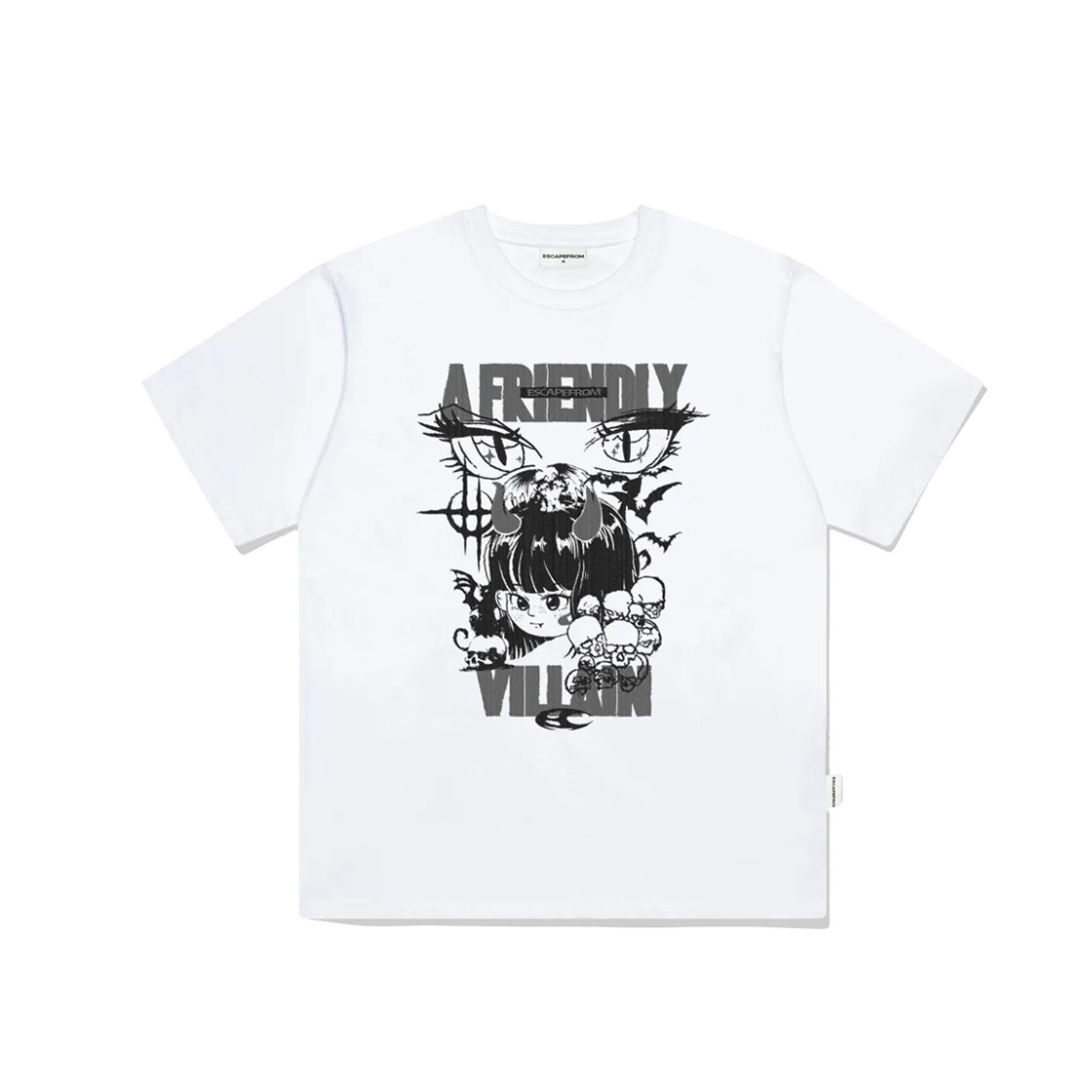 E241OTS228WH Escapefrom Mono Friendly Villain Print Overfit Short Sleeve T-shirt White