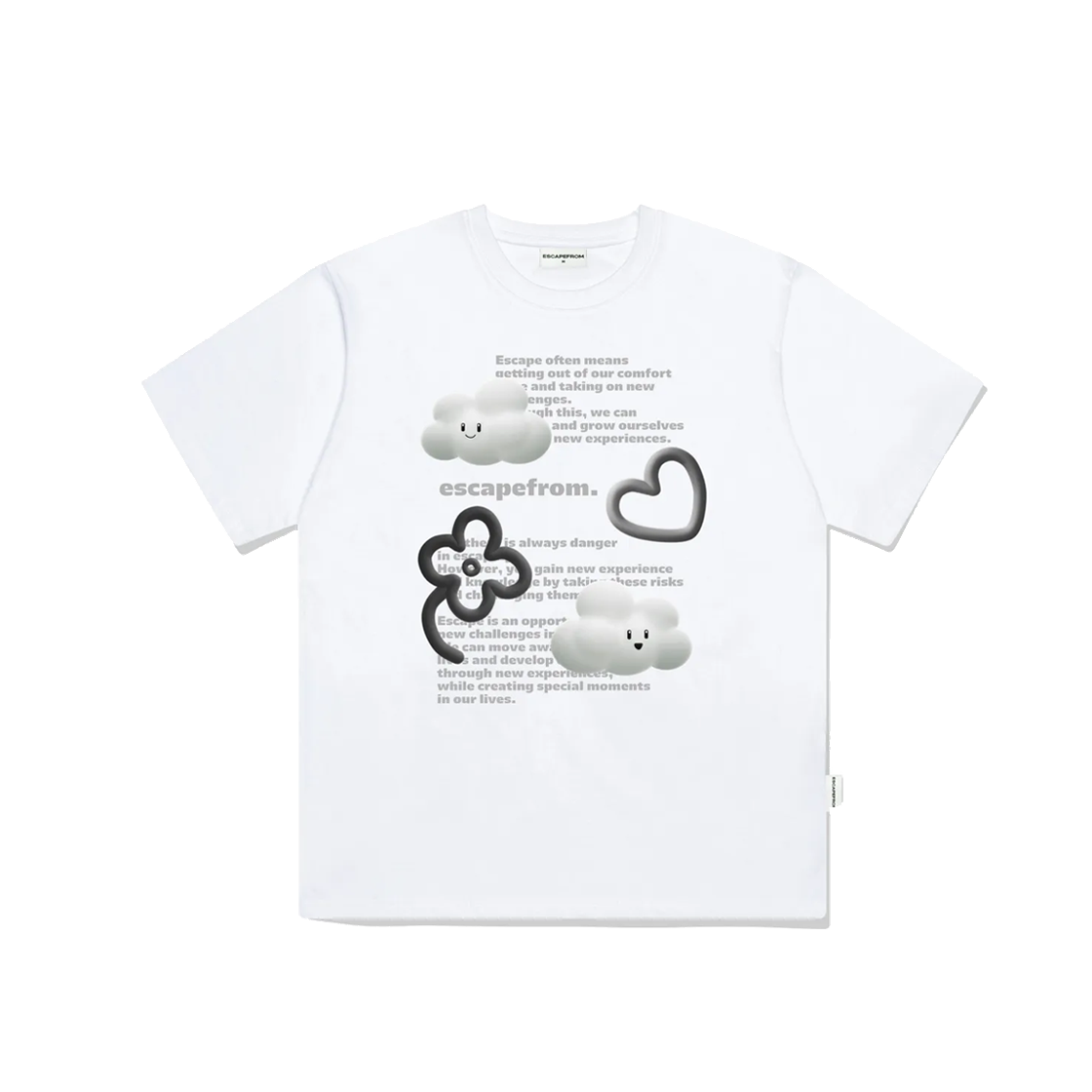 E241OTS156WH Escapefrom Mono 3D Cloud Print Overfit Short Sleeve T-shirt White