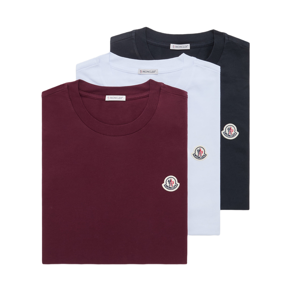 몽클레르 로고 패치 코튼 티셔츠 화이트 네이비 블루 버건디 (3개 세트) -25FW(Moncler Logo Patch Cotton T-Shirt White Navy Blue Burgundy (Set of 3) - 25FW) - 1