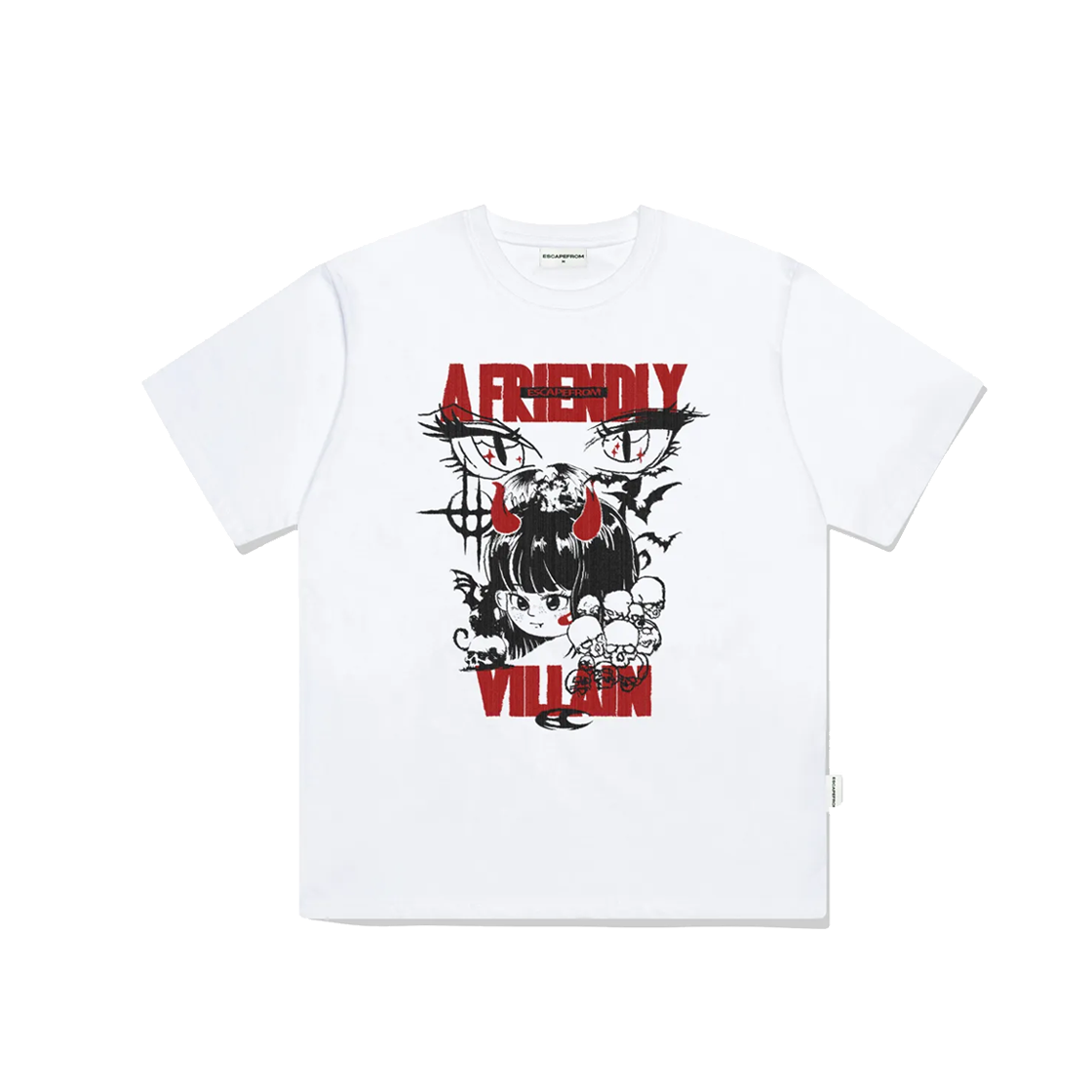 E241OTS227WH Escapefrom Red Friendly Villain Print Overfit Short Sleeve T-shirt White