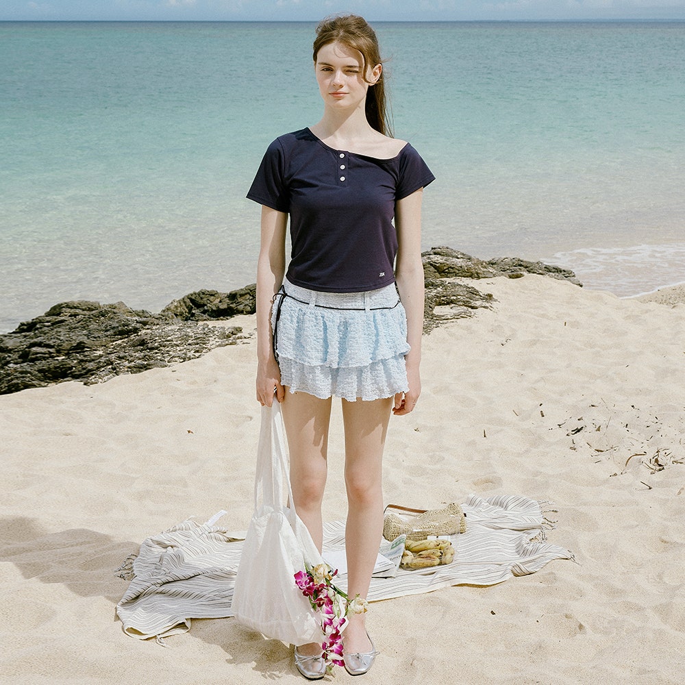 2025SK2094SBS Letter From Moon Summer Wrinkle Cancan Mini Skirt Skyblue - #3