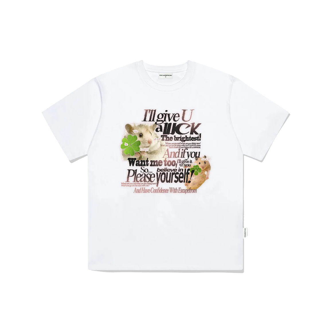 E241OTS237WH Escapefrom Pink Lucky Hamster Print Overfit Short Sleeve T-shirt White