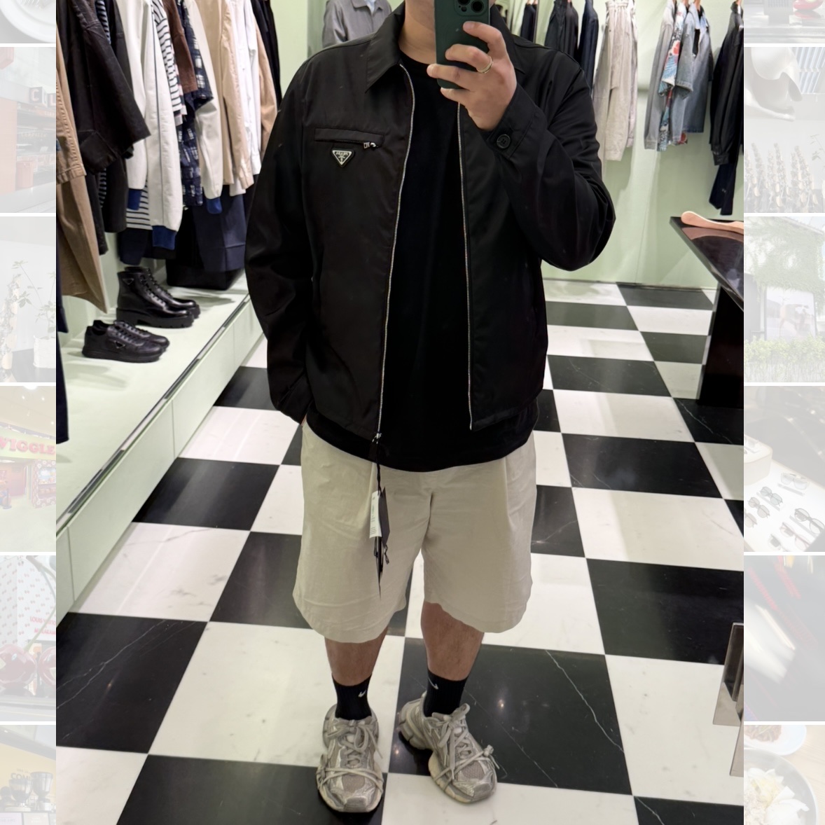 Prada Re-Nylon Zip Up Gabardine Blouson Jacket Black, CDG Oversized T-Shirt1 Black 착용 스타일