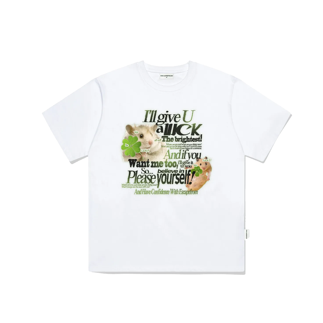 이스케이프프롬 그린 럭키 햄스터 프린트 오버핏 반팔티 화이트(Escapefrom Green Lucky Hamster Print Overfit Short Sleeve T-shirt White)