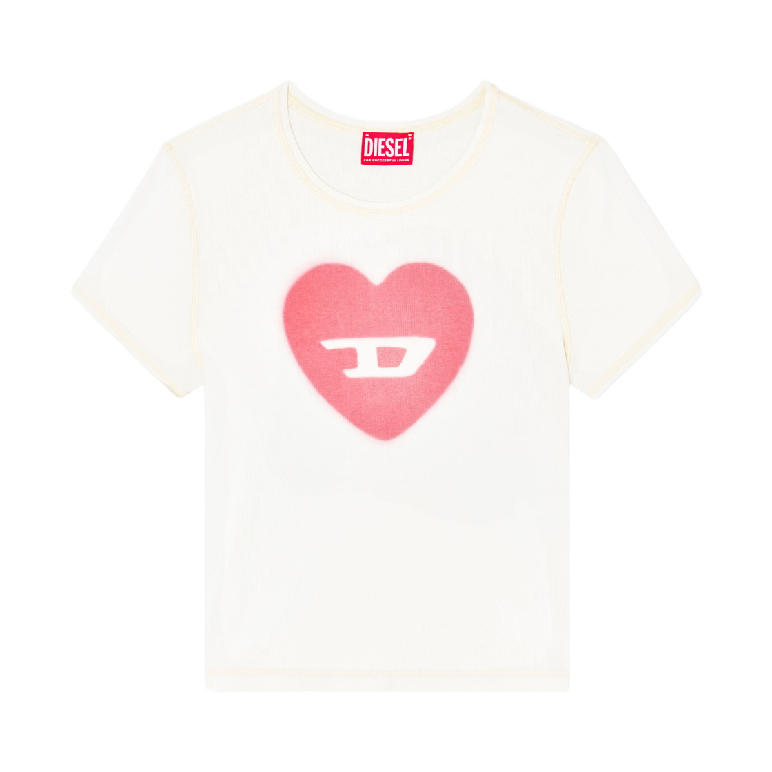 (W) 디젤 T-엘 립드 티셔츠 워터컬러 하트 D 화이트((W) Diesel T-Ele Ribbed T-Shirt with Watercolour Heart D White)