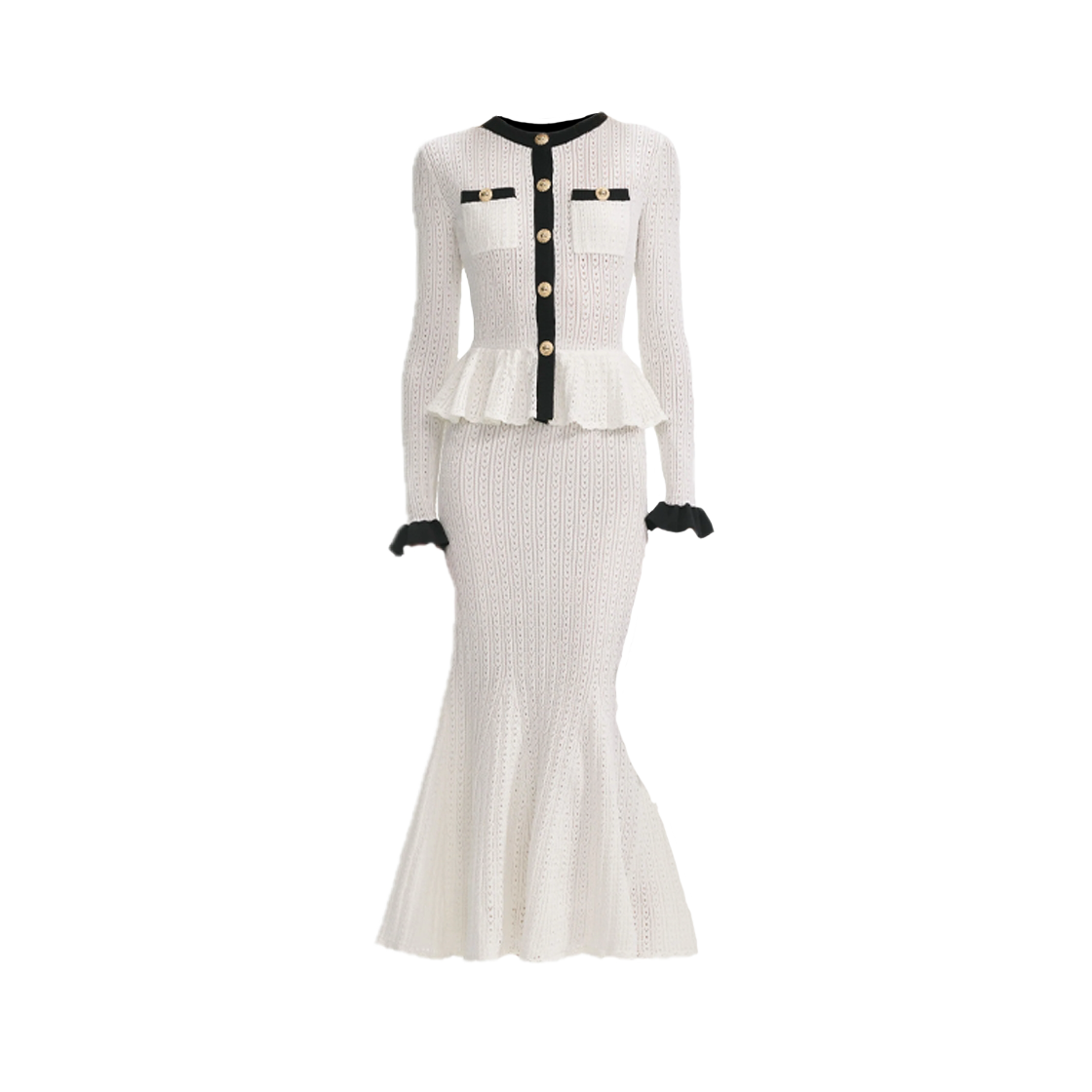 셀프 포트레이트 우먼 포인텔 니트 콘트라스트 미디 드레스 화이트 - 25FW(Self Portrait Women Pointelle Knit Contrast Midi Dress White - 25FW)