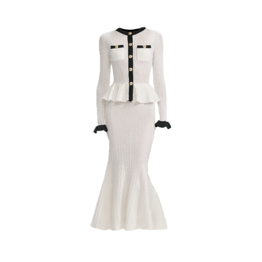 KW5CDR1SF11WT Self Portrait Women Pointelle Knit Contrast Midi Dress White - 25FW