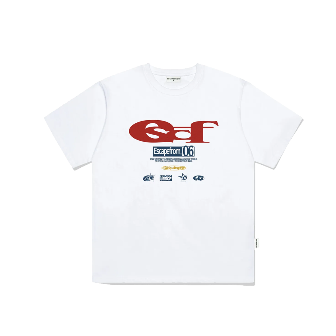E241OTS269WH Escapefrom ESCF Logo Collage Print Overfit Short Sleeve T-shirt White