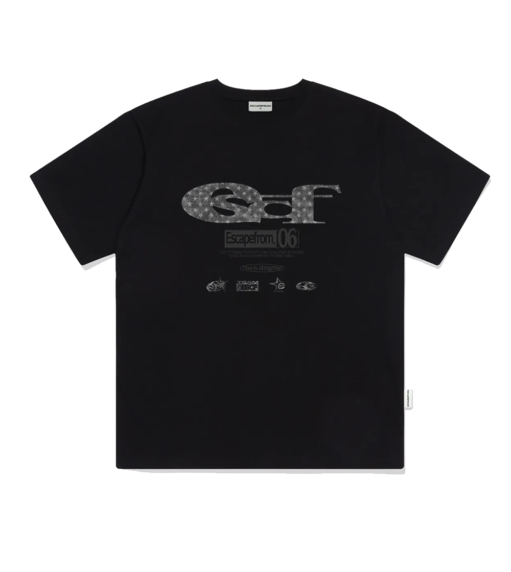 E251OTS177BK Escapefrom Black Star Denim ESCF Logo Collage Printed Over Fit Short Sleeve Black