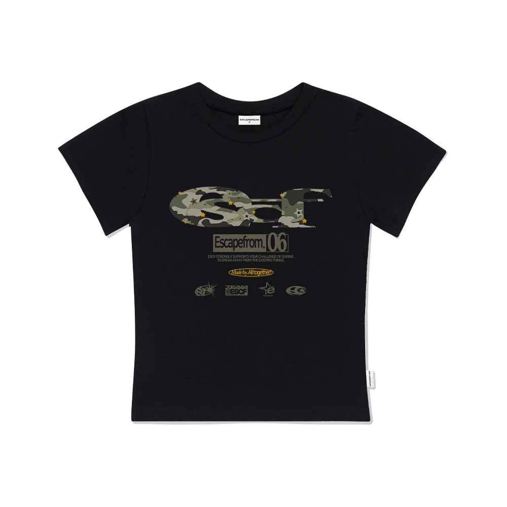 E251STS038BK Escapefrom Star Camo ESCF Logo Collage Printed Slim Fit Short Sleeve Black