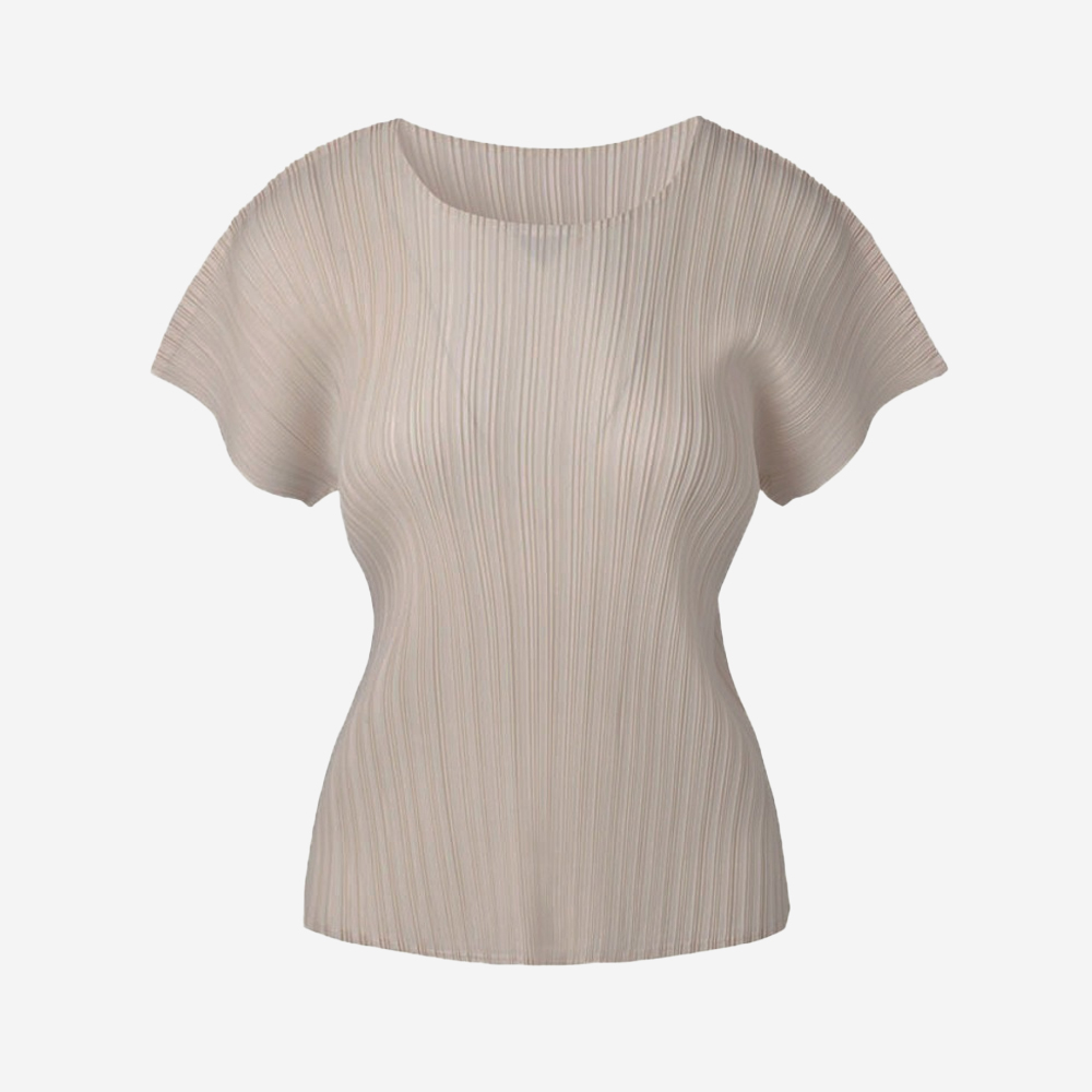 몽플리쎄 여자 기본 라운드넥 반소매 플리츠 탑 베이지(Monplisse Women Basic Round Neck Pleats Top Beige) - 2
