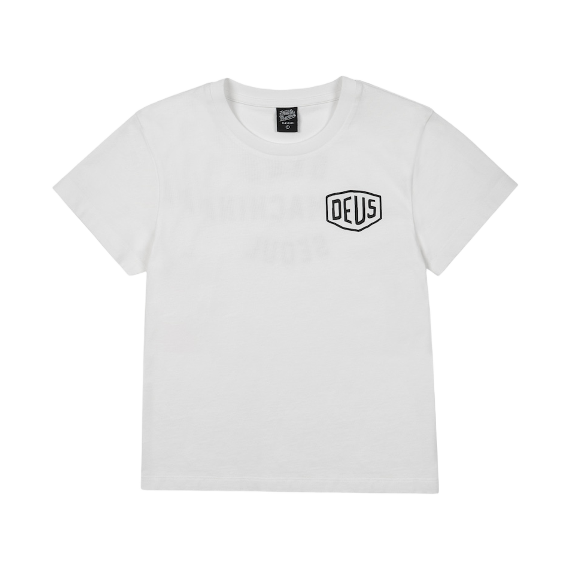 (W) 데우스 엑스 마키나 서울 컬리지 어드레스 크롭 티셔츠 화이트((W) Deus Ex Machina Seoul College Address Crop T-Shirt White)