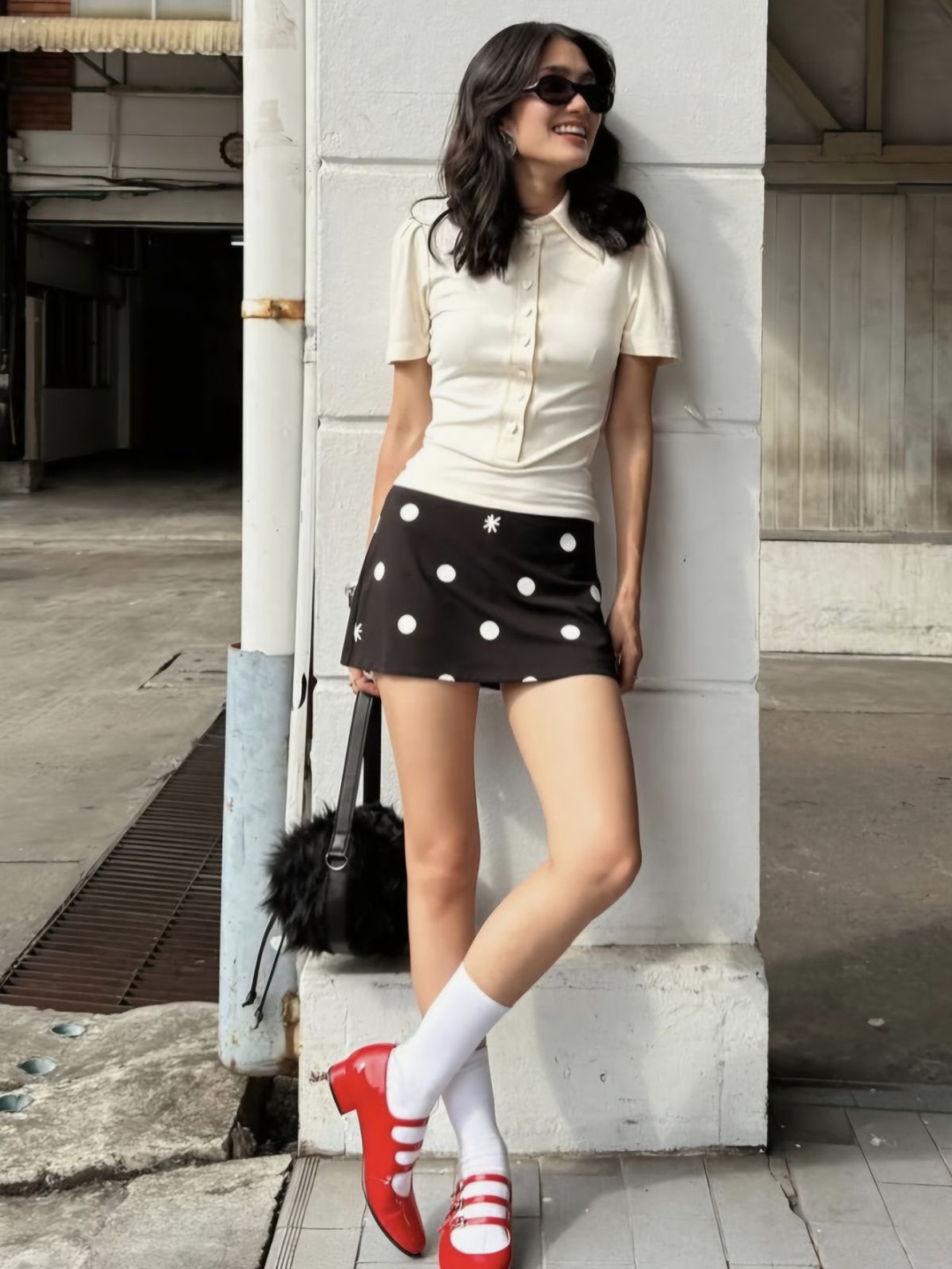 Stussy Striped Cotton Linen Classic Shirt Light Blue, FLETTA Frill Dot Mini Skirt Black 착용 스타일 - 4
