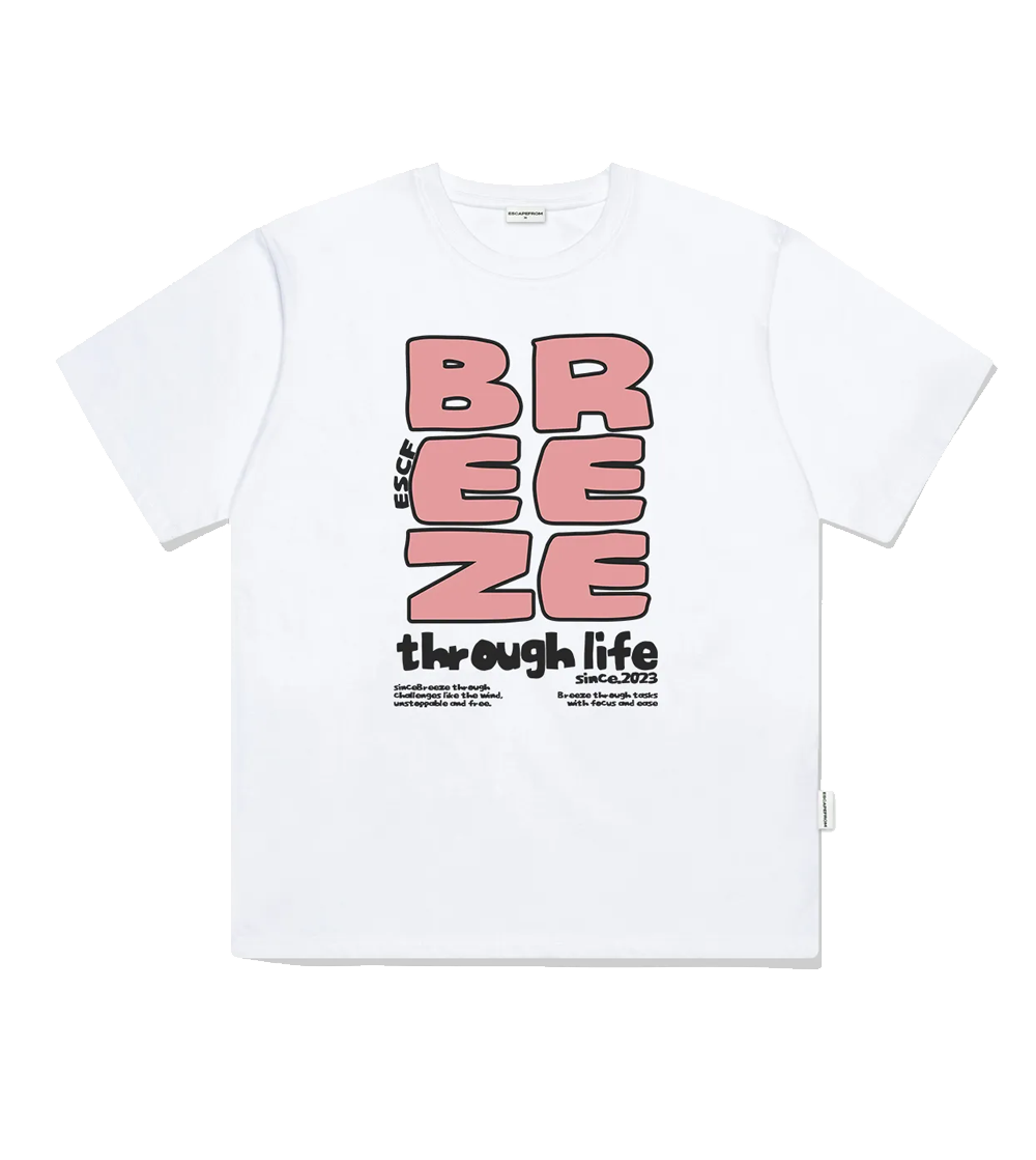 E251OTS125WH Escapefrom Pink Breeze Printed Over Fit Short Sleeve White