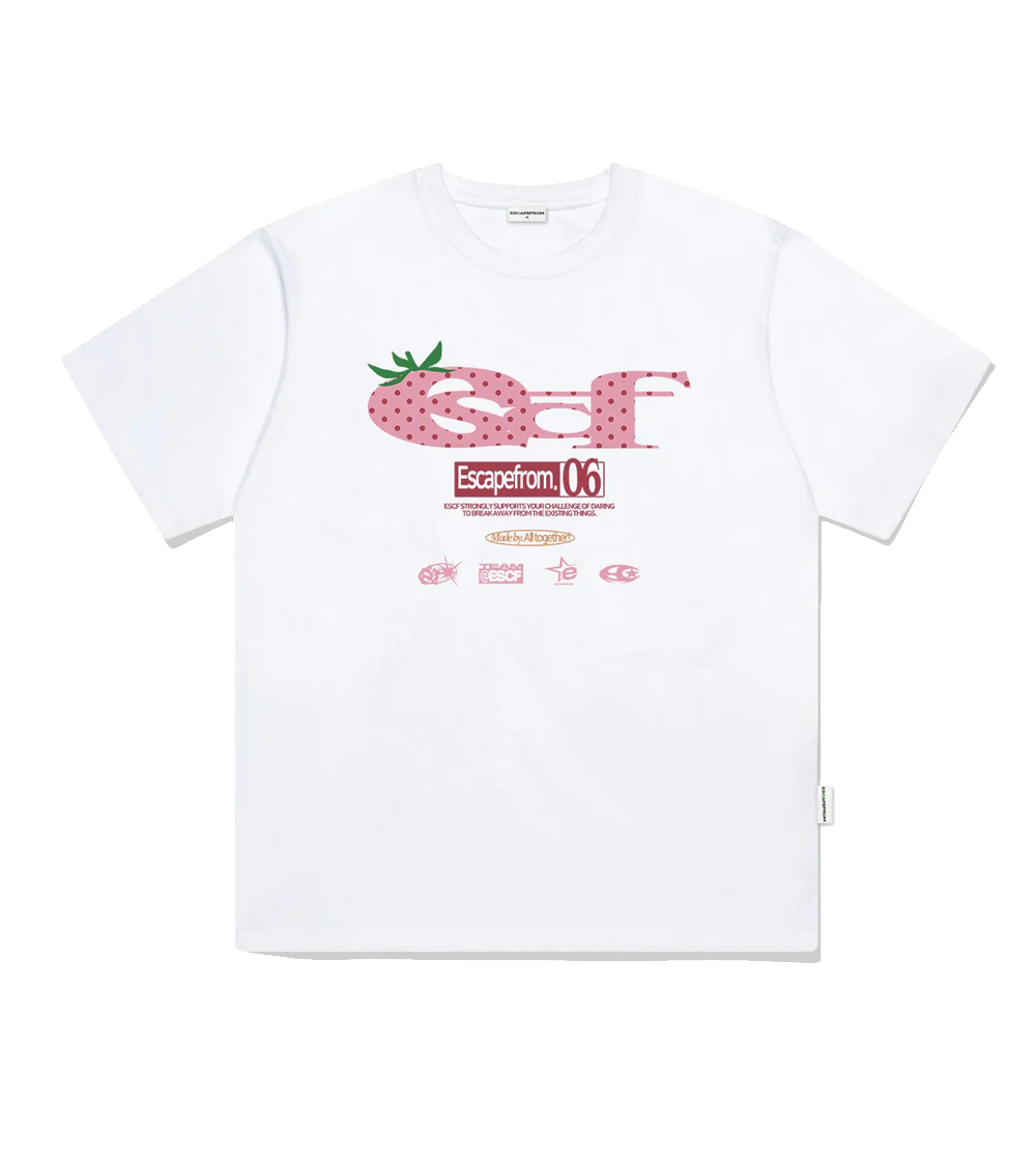 E251OTS155WH Escapefrom Strawberry Dot ESCF Logo Collage Printed Over Fit Short Sleeve White