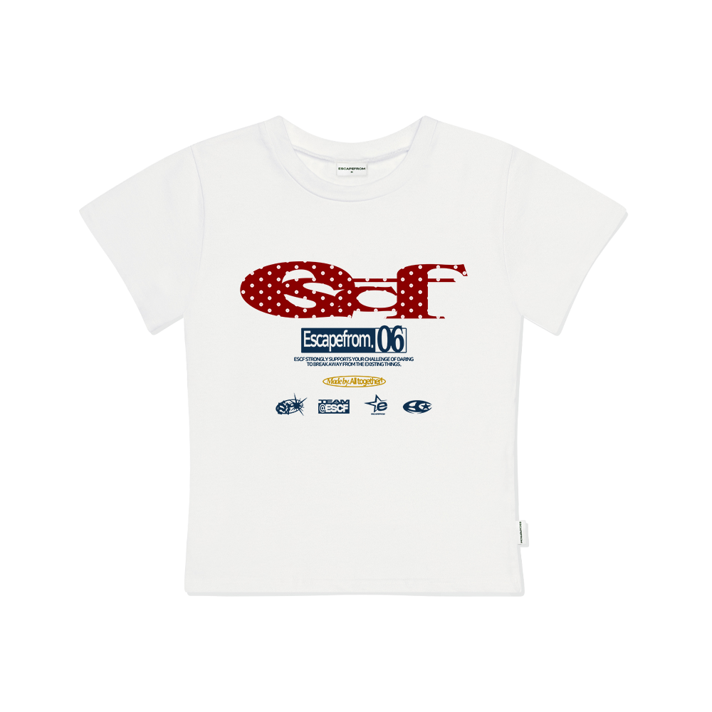 E251STS015IV Escapefrom Red Dot ESCF Logo Collage Printed Slim Fit Short Sleeve Ivory