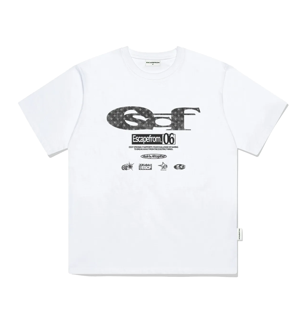 이스케이프프롬 블랙 별 데님 ESCF 로고 콜라주 프린트 오버핏 반팔티 화이트(Escapefrom Black Star Denim ESCF Logo Collage Printed Over Fit Short Sleeve White)
