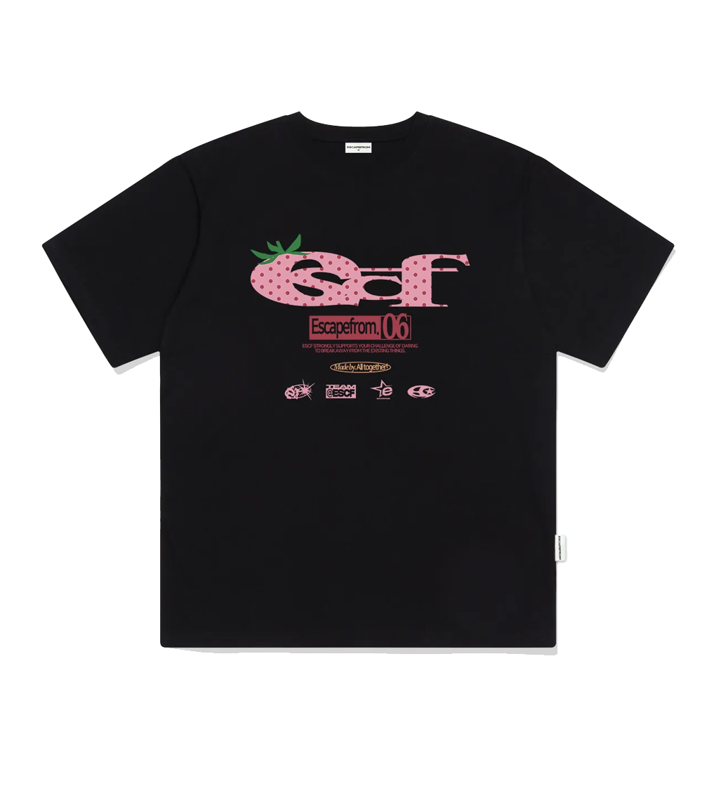 E251OTS156BK Escapefrom Strawberry Dot ESCF Logo Collage Printed Over Fit Short Sleeve Black