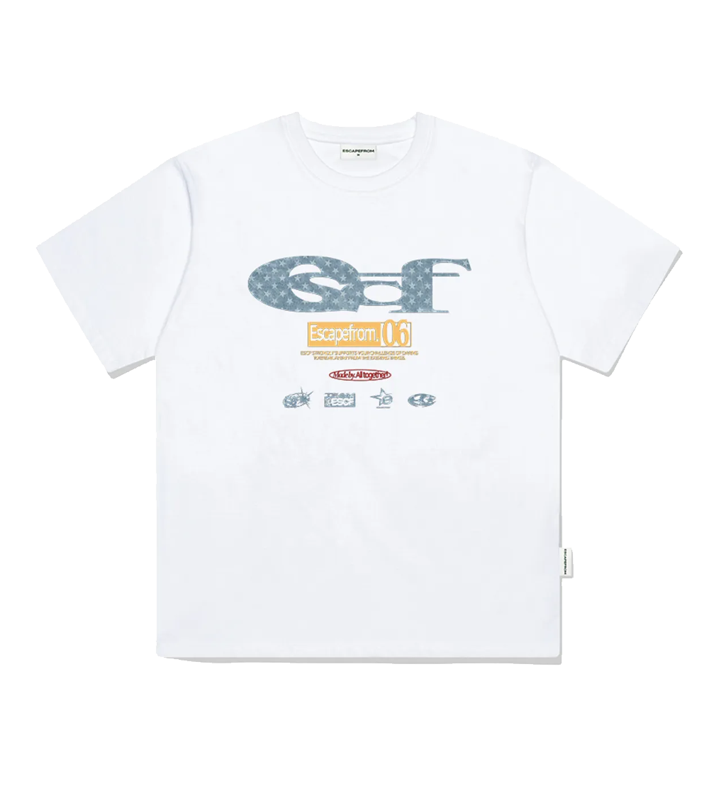이스케이프프롬 블루 별 데님 ESCF 로고 콜라주 프린트 오버핏 반팔티 화이트(Escapefrom Blue Star Denim ESCF Logo Collage Printed Over Fit Short Sleeve White) - 1