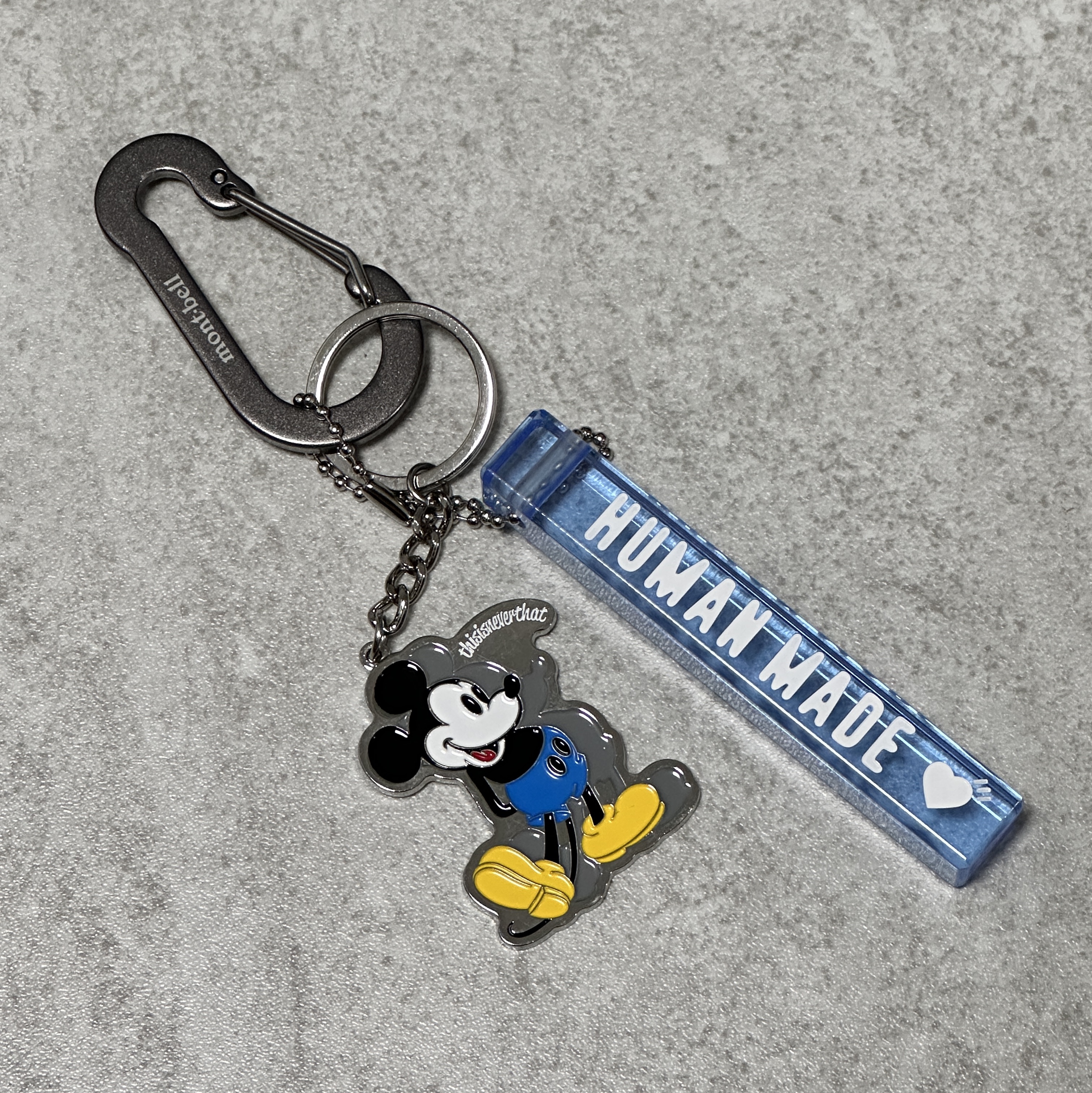 Human Made Acrylic Keychain Blue, Thisisneverthat x Disney Mickey Key Chain Silver 착용 스타일