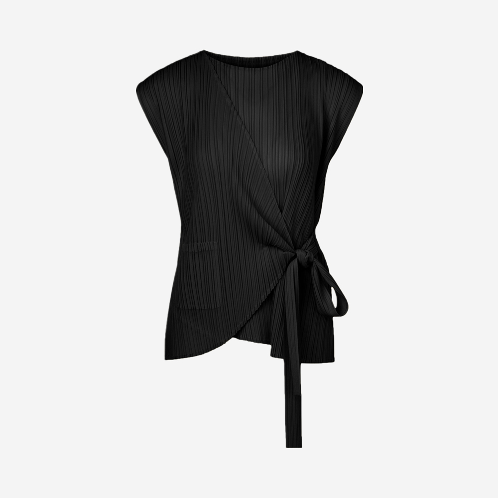몽플리쎄 여성 타이드 랩 스타일 캡소매 플리츠 탑 블랙(Monplisse Women Tied Wrap Style Cap Sleeve Pleats Top Black) - 2
